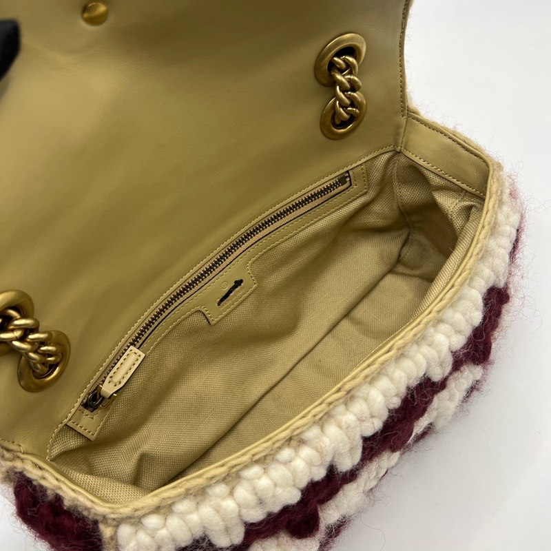 Gucci 古驰 GG Marmont 系列 金标Logo链条肩带千鸟格图案 羊毛 斜挎单肩包 小号-9