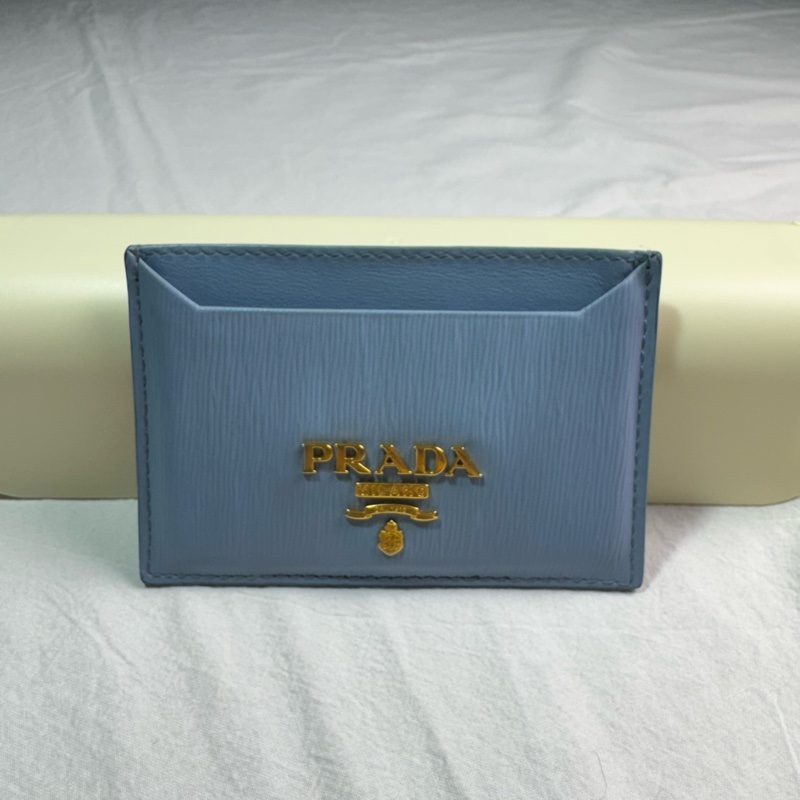 Prada 金色logo水波紋扁式名片夾卡夾 淺藍色-13