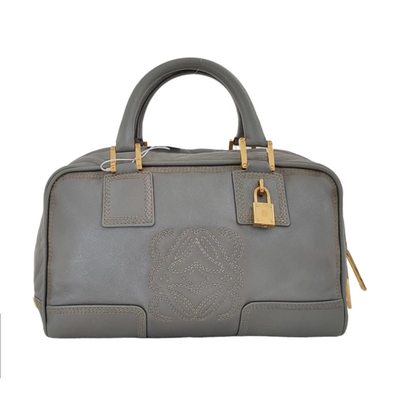 LOEWE Amazona 28 銀灰色皮革絎縫手提包金色五金-0