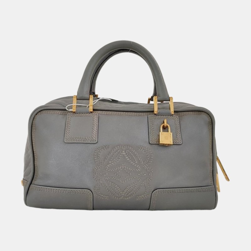 LOEWE Amazona 28 銀灰色皮革絎縫手提包金色五金-7