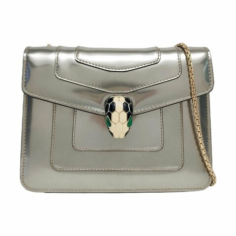 BVLGARI SERPENTI FOREVER小號銀色牛皮蛇頭絎縫蛇頭包單肩包斜挎包金色五金