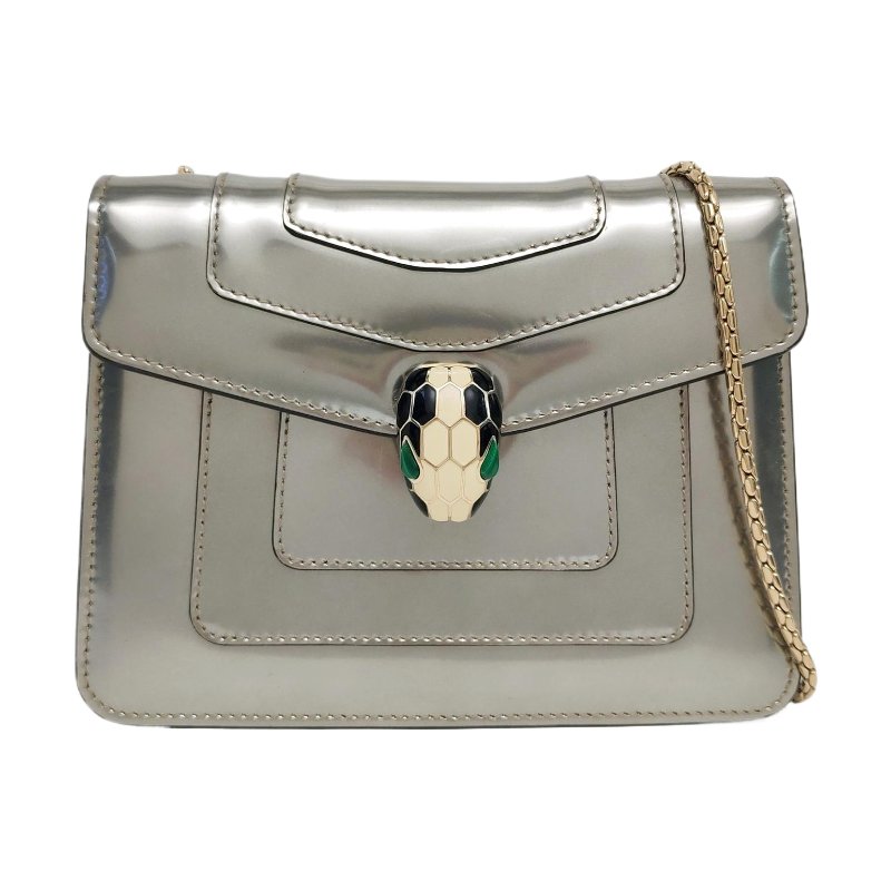 BVLGARI SERPENTI FOREVER小號銀色牛皮蛇頭絎縫蛇頭包單肩包斜挎包金色五金-0