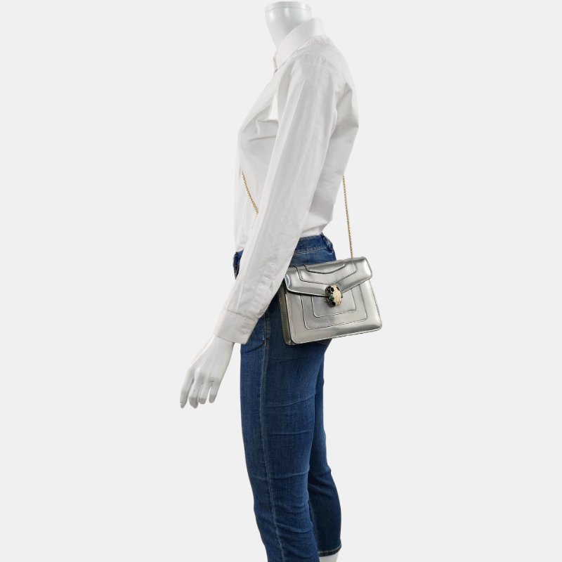 BVLGARI SERPENTI FOREVER小號銀色牛皮蛇頭絎縫蛇頭包單肩包斜挎包金色五金-1