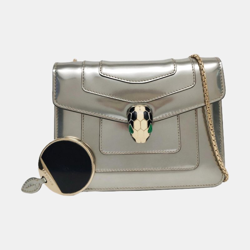 BVLGARI SERPENTI FOREVER小號銀色牛皮蛇頭絎縫蛇頭包單肩包斜挎包金色五金-7
