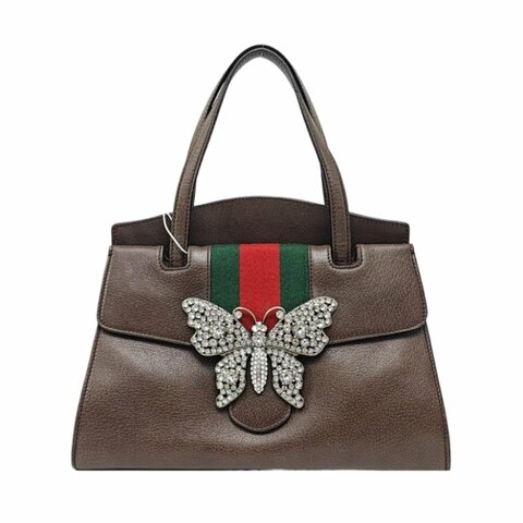 GUCCI Totem棕色牛皮條紋織帶鑲嵌手提包單肩包斜挎包金色五金