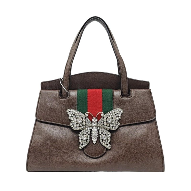 GUCCI Totem棕色牛皮條紋織帶鑲嵌手提包單肩包斜挎包金色五金-0