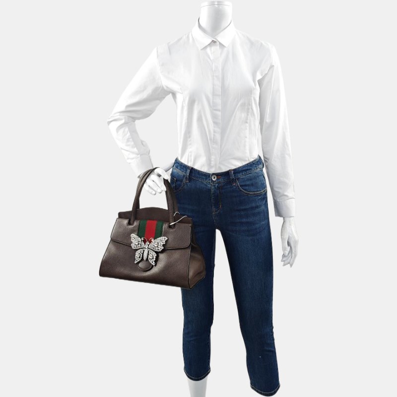 GUCCI Totem棕色牛皮條紋織帶鑲嵌手提包單肩包斜挎包金色五金-1