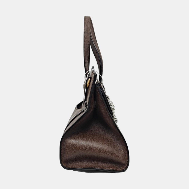 GUCCI Totem棕色牛皮條紋織帶鑲嵌手提包單肩包斜挎包金色五金-3