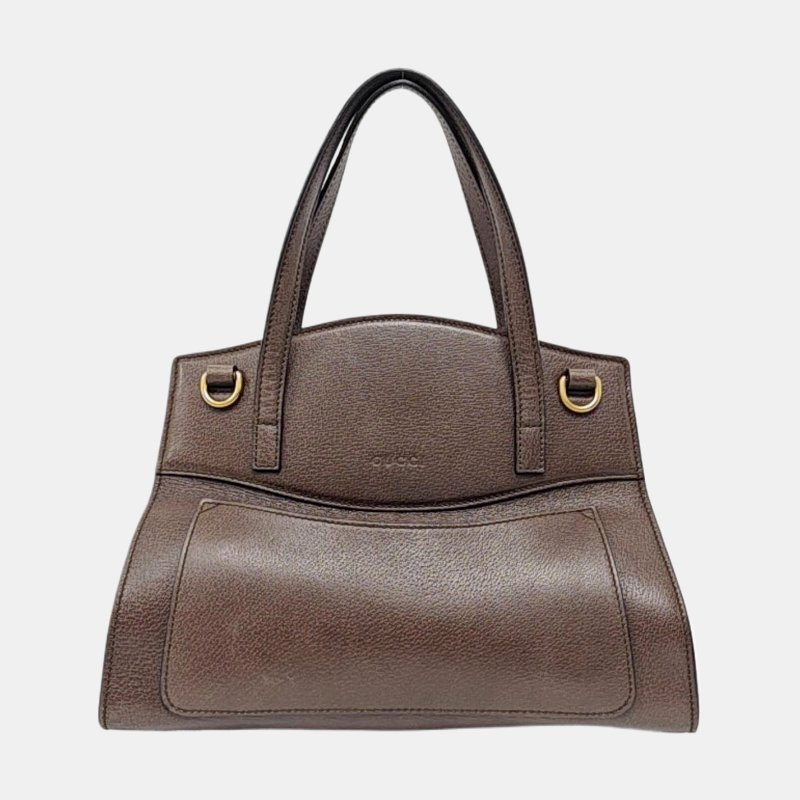 GUCCI Totem棕色牛皮條紋織帶鑲嵌手提包單肩包斜挎包金色五金-4