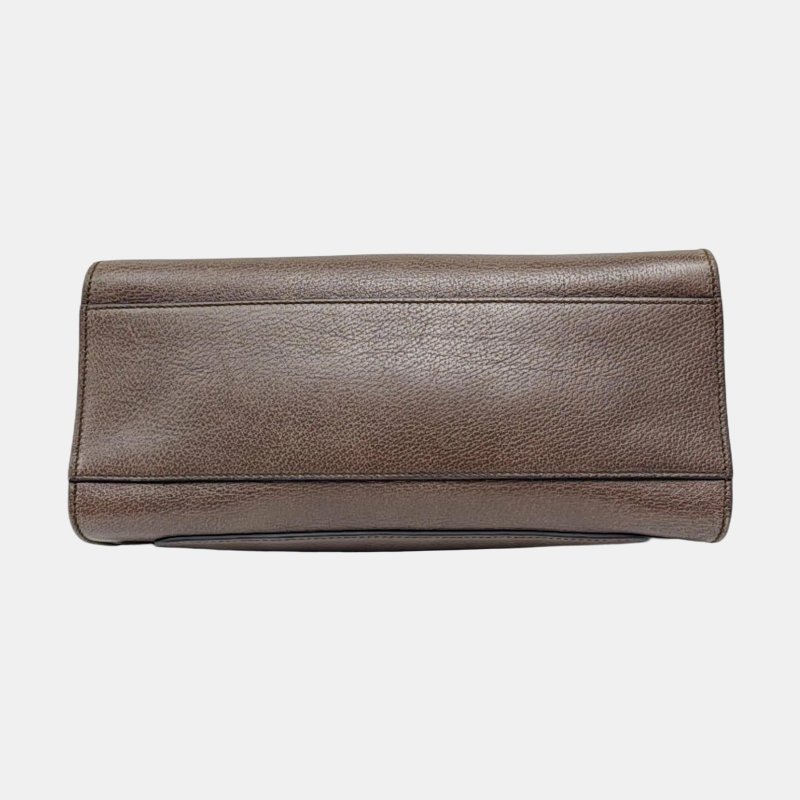 GUCCI Totem棕色牛皮條紋織帶鑲嵌手提包單肩包斜挎包金色五金-5