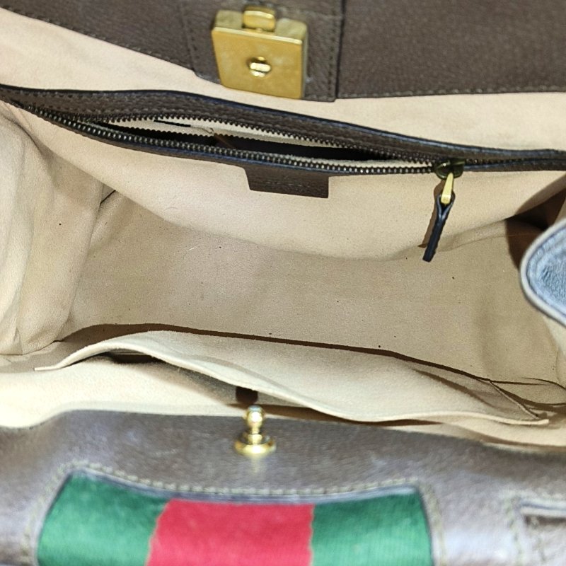 GUCCI Totem棕色牛皮條紋織帶鑲嵌手提包單肩包斜挎包金色五金-6