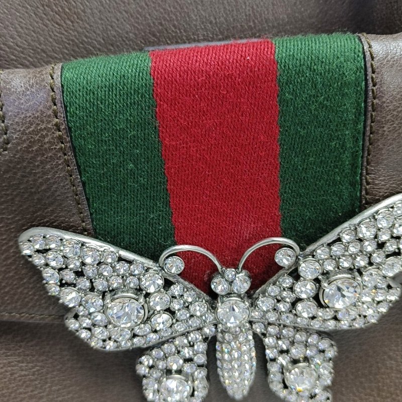 GUCCI Totem棕色牛皮條紋織帶鑲嵌手提包單肩包斜挎包金色五金-7