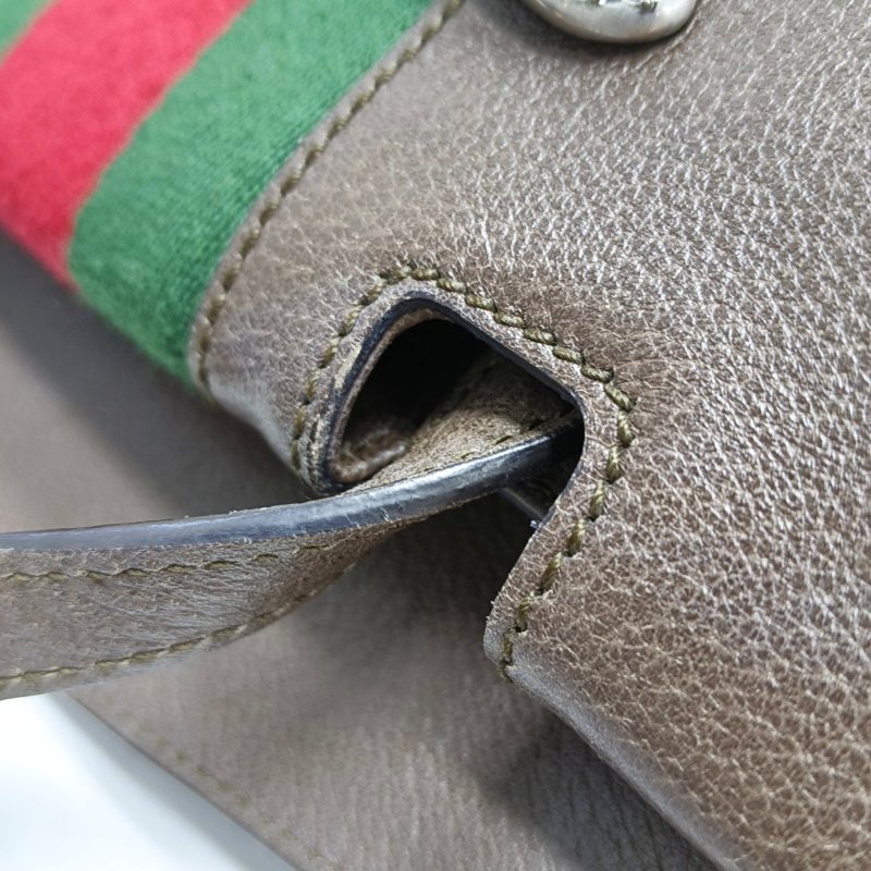 GUCCI Totem棕色牛皮條紋織帶鑲嵌手提包單肩包斜挎包金色五金-8