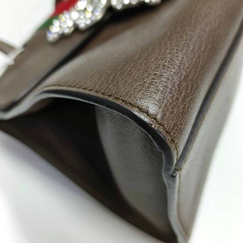 GUCCI Totem棕色牛皮條紋織帶鑲嵌手提包單肩包斜挎包金色五金-11