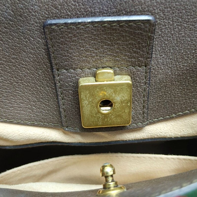 GUCCI Totem棕色牛皮條紋織帶鑲嵌手提包單肩包斜挎包金色五金-12