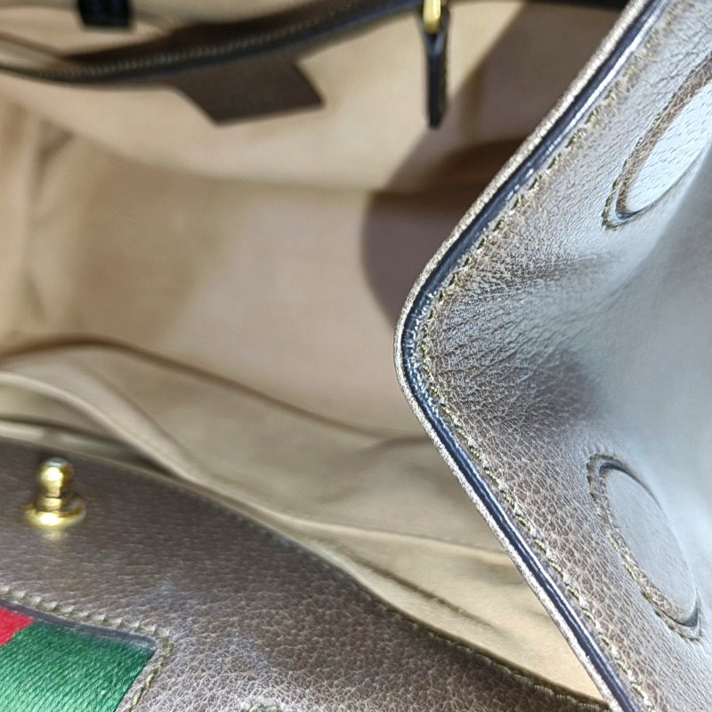 GUCCI Totem棕色牛皮條紋織帶鑲嵌手提包單肩包斜挎包金色五金-14