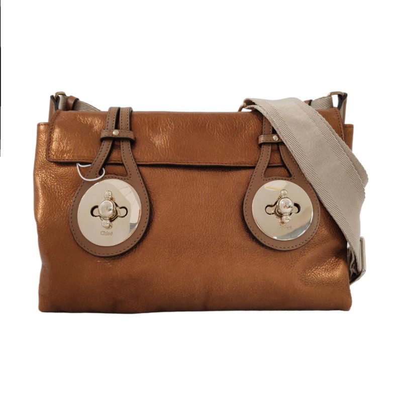 Chloe棕色牛皮單肩包斜挎包金色五金可拆卸肩帶-0