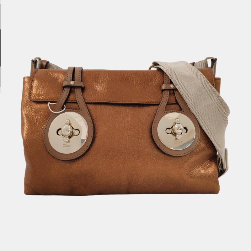 Chloe棕色牛皮單肩包斜挎包金色五金可拆卸肩帶-7