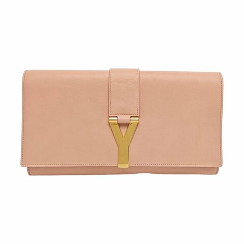 YSL CHYC Y LIGNE裸粉色牛皮手拿包金色五金