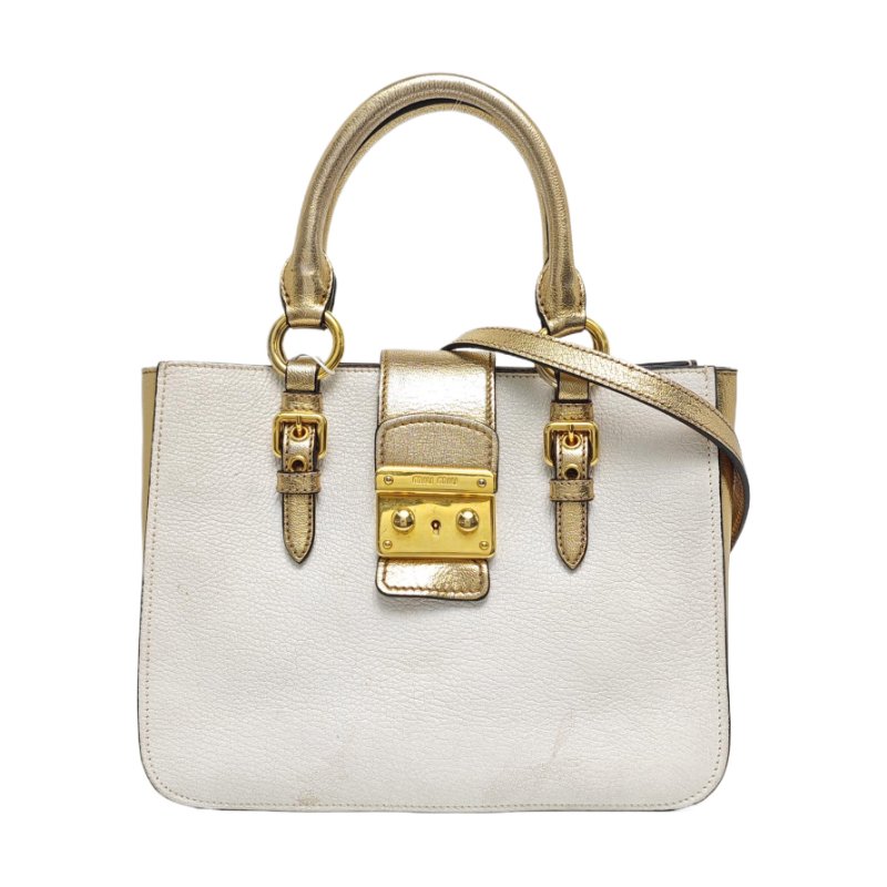 Miu Miu Madras白色牛皮單肩包金色五金可拆卸肩帶-0