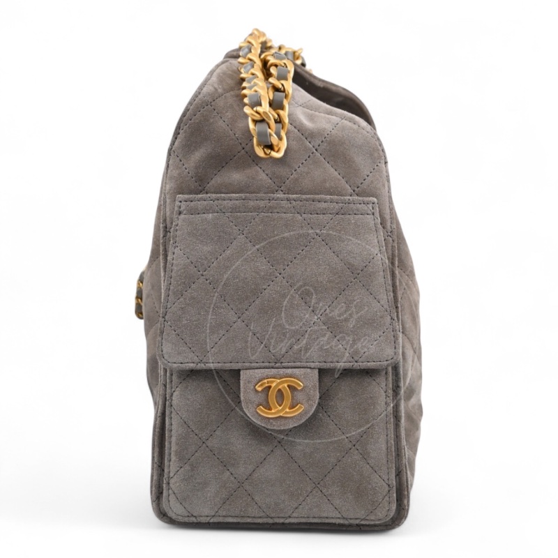 全新 香奈兒 小號 25 灰色 麂皮 GHW 微晶片 手提包-1