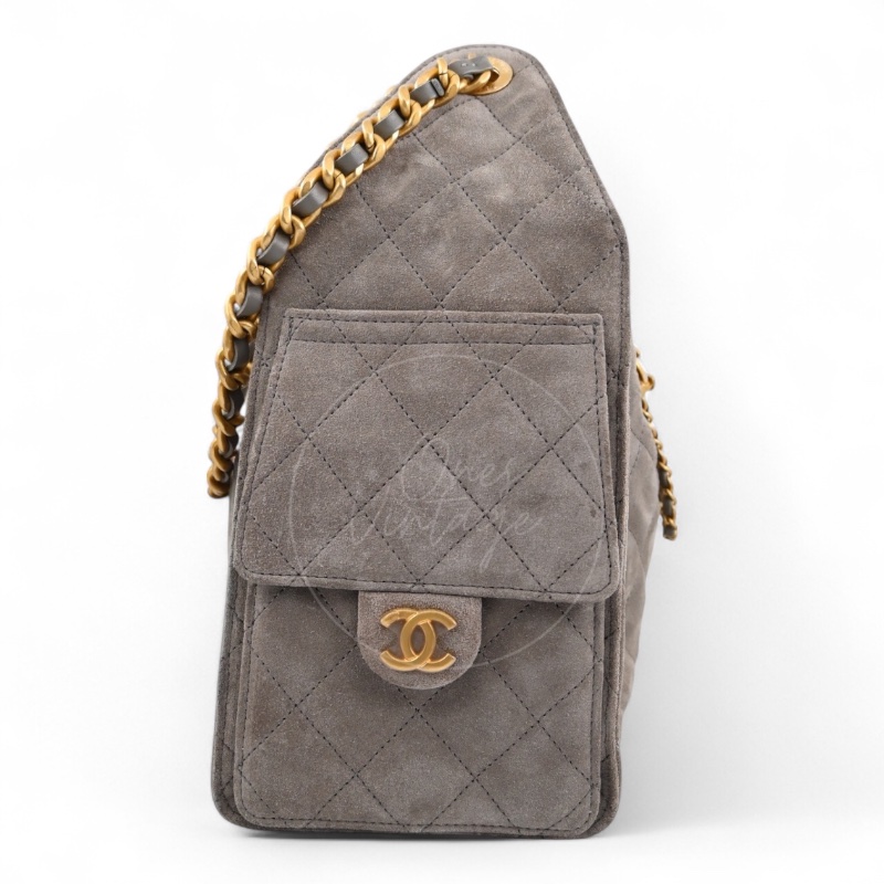 全新 香奈兒 小號 25 灰色 麂皮 GHW 微晶片 手提包-2