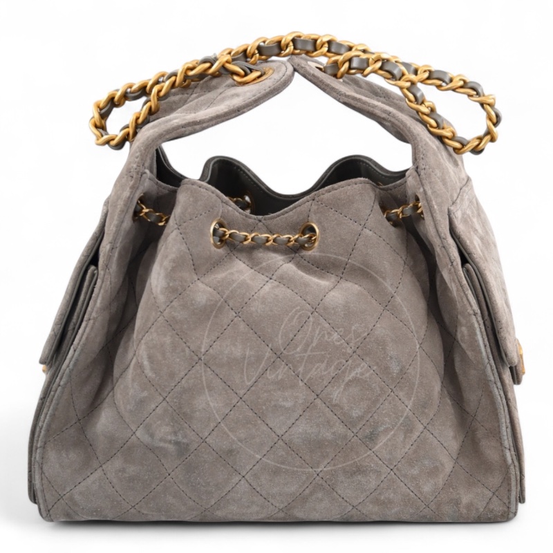全新 香奈兒 小號 25 灰色 麂皮 GHW 微晶片 手提包-8