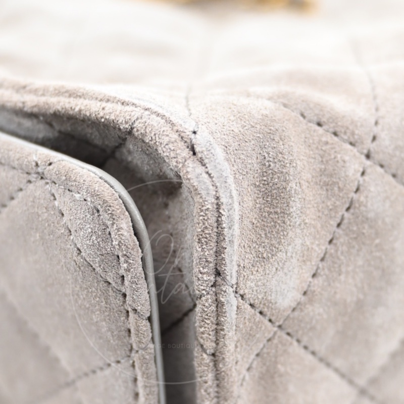 全新 香奈兒 小號 25 灰色 麂皮 GHW 微晶片 手提包-11