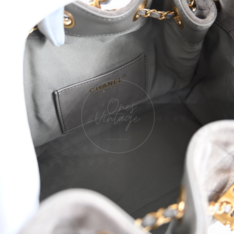 全新 香奈兒 小號 25 灰色 麂皮 GHW 微晶片 手提包-13
