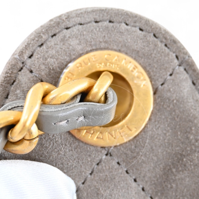 全新 香奈兒 小號 25 灰色 麂皮 GHW 微晶片 手提包-19