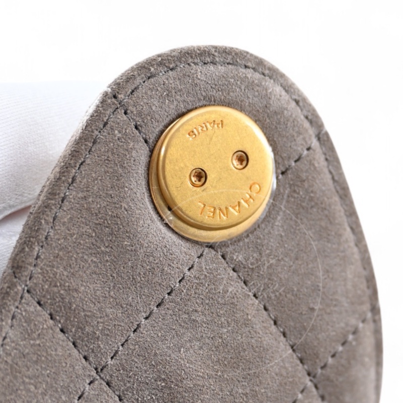 全新 香奈兒 小號 25 灰色 麂皮 GHW 微晶片 手提包-20