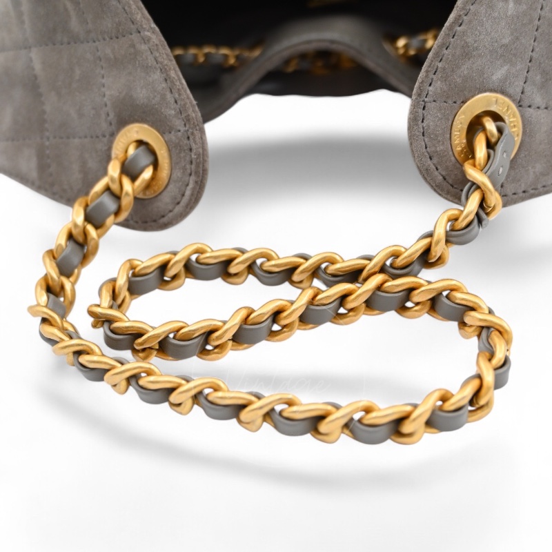 全新 香奈兒 小號 25 灰色 麂皮 GHW 微晶片 手提包-23