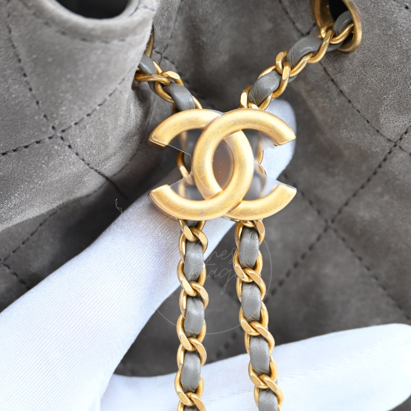 全新 香奈兒 小號 25 灰色 麂皮 GHW 微晶片 手提包-25