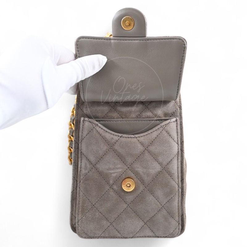 全新 香奈兒 小號 25 灰色 麂皮 GHW 微晶片 手提包-28