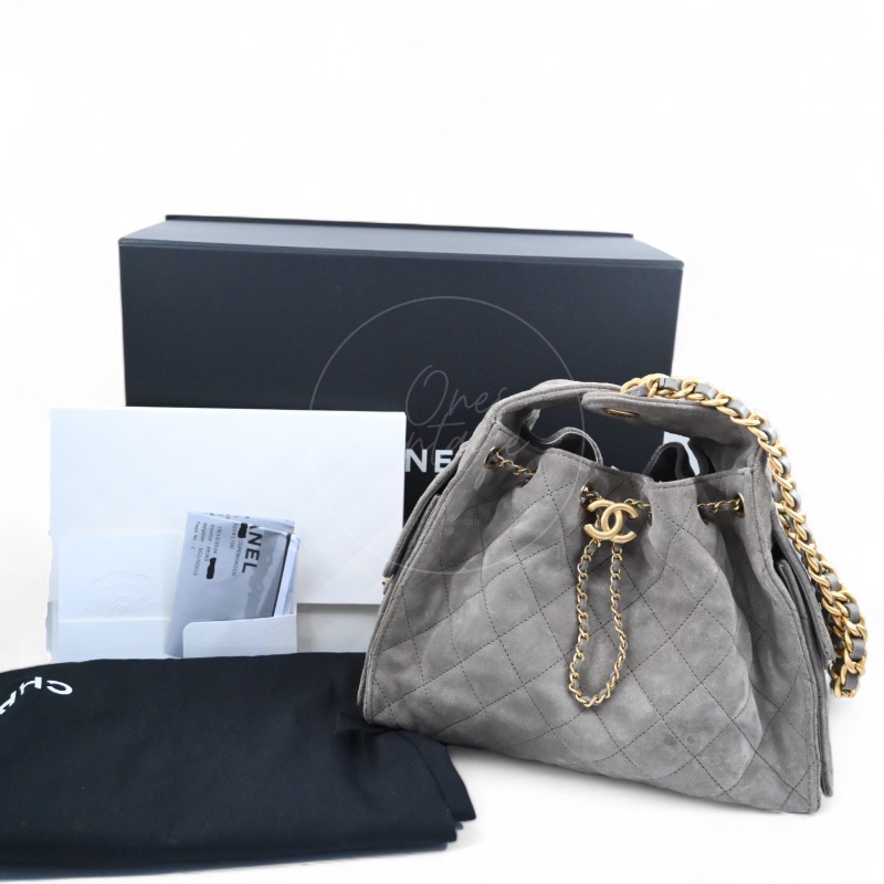 全新 香奈兒 小號 25 灰色 麂皮 GHW 微晶片 手提包-29