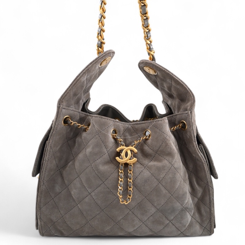 全新 香奈兒 小號 25 灰色 麂皮 GHW 微晶片 手提包-30