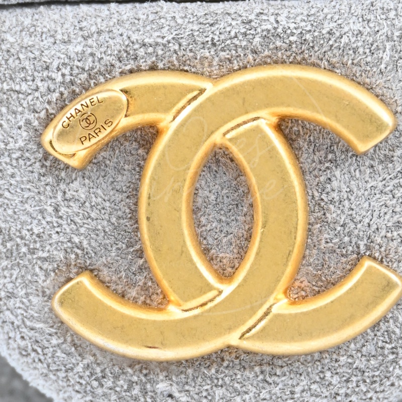 全新 香奈兒 小號 25 灰色 麂皮 GHW 微晶片 手提包-32