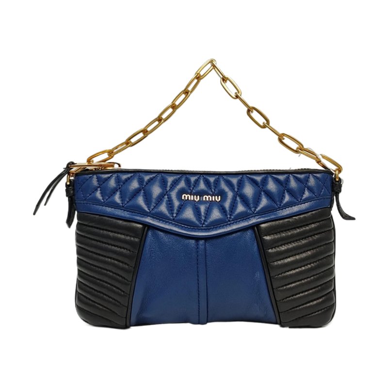 Miu Miu深藍色羊皮絎縫拼貼手提包單肩包斜挎包金色五金-0