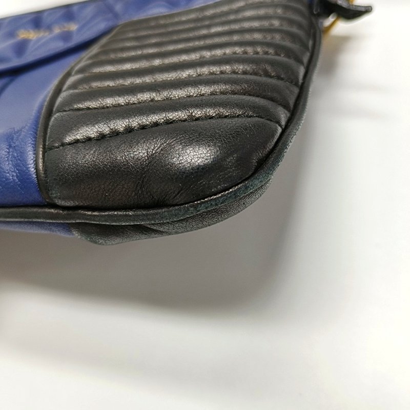 Miu Miu深藍色羊皮絎縫拼貼手提包單肩包斜挎包金色五金-8