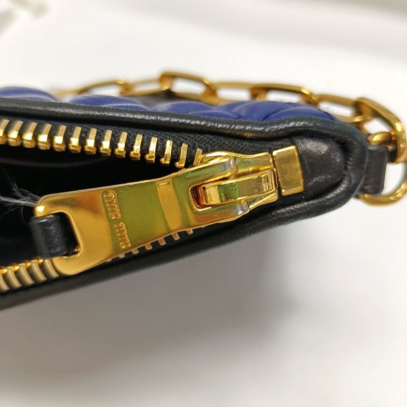 Miu Miu深藍色羊皮絎縫拼貼手提包單肩包斜挎包金色五金-9