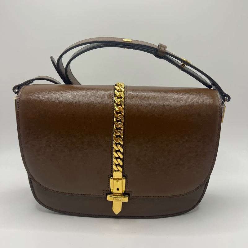 Gucci Sylvie 1969马鞍包 棕色皮革+金色链条，复古气质满分 尺寸25x17.5x9cm 肩带可调节，单肩斜挎都可 日常通勤，文艺穿搭都很合适-0