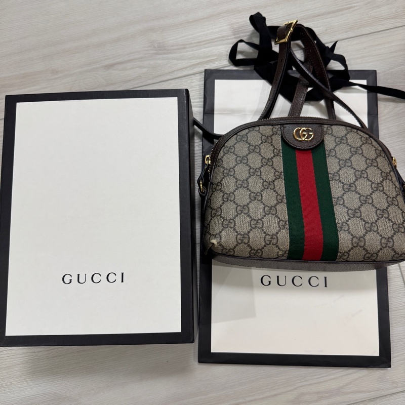 GUCCI 經典Ophidia系列 GG Supreme帆布印花綠紅綠織帶皮革飾邊拉鍊斜背包-1