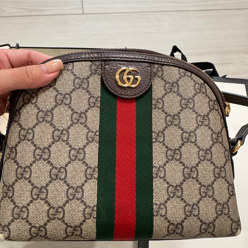 GUCCI 經典Ophidia系列 GG Supreme帆布印花綠紅綠織帶皮革飾邊拉鍊斜背包-8