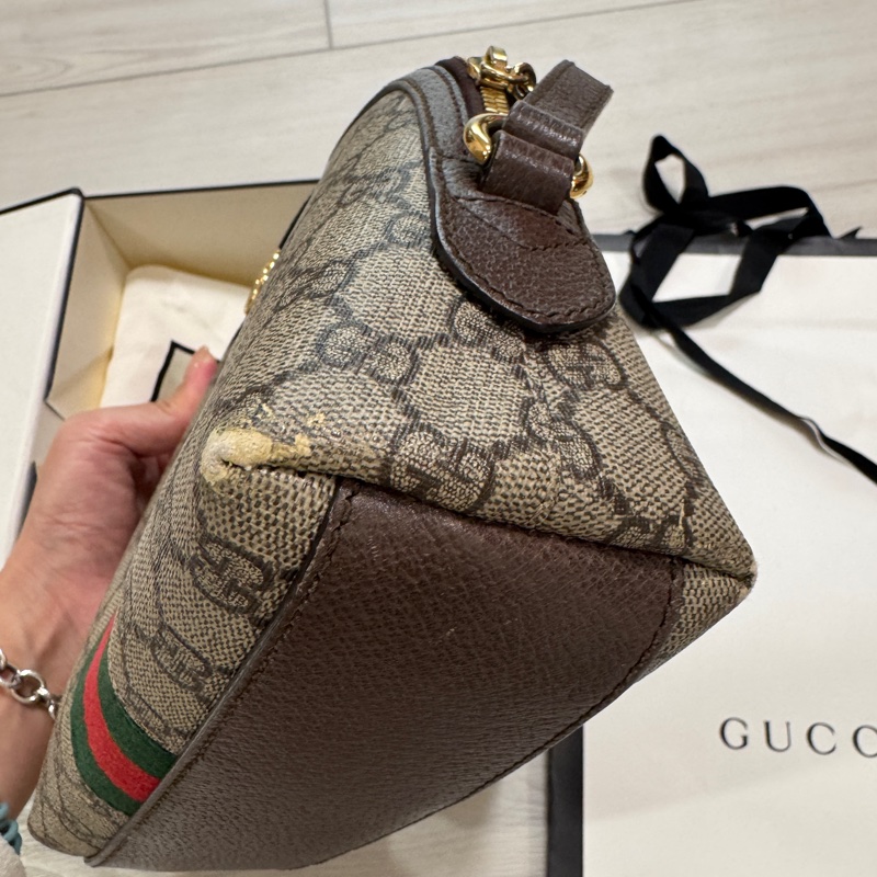 GUCCI 經典Ophidia系列 GG Supreme帆布印花綠紅綠織帶皮革飾邊拉鍊斜背包-14