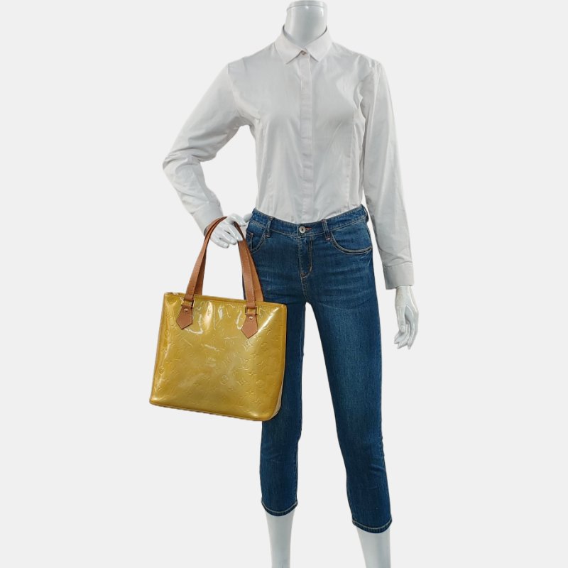 LOUIS VUITTON HOUSTON黃色漆皮壓紋手提包單肩包金色五金-1