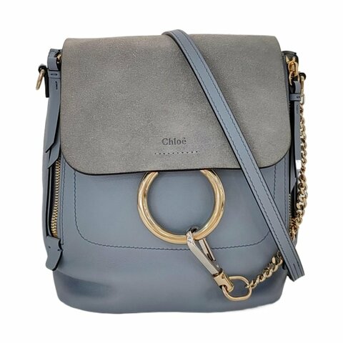 Chloe Faye藍色牛皮雙肩包單肩包金色銀色五金3條可拆卸肩帶