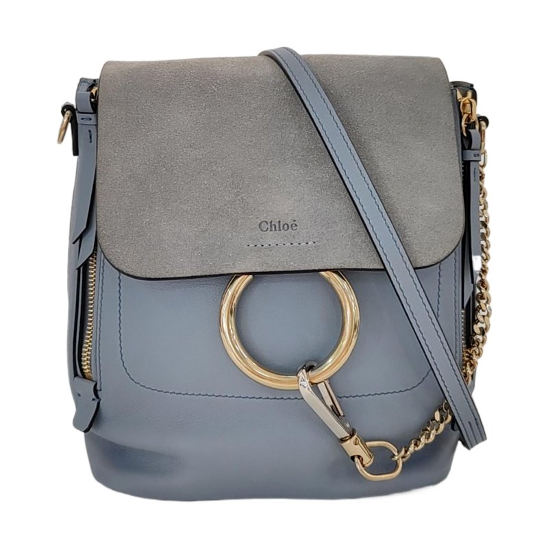 Chloe Faye藍色牛皮雙肩包單肩包金色銀色五金3條可拆卸肩帶-0