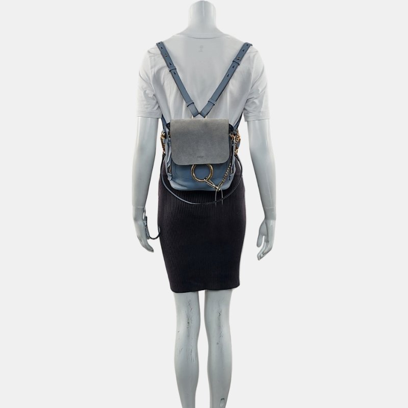 Chloe Faye藍色牛皮雙肩包單肩包金色銀色五金3條可拆卸肩帶-1