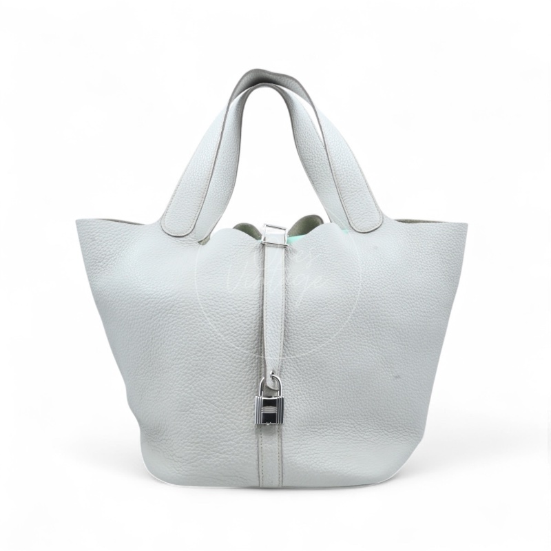 中古 愛馬仕 Hermès Picotin 26 大尺寸 水桶包 灰色 Taurillon Clemence TC 柔軟耐用小牛皮 銀色五金 Stamp Square D 菜籃子-0