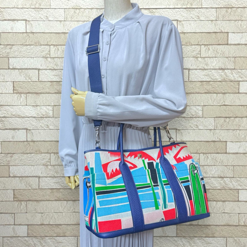 愛馬仕 (Hermes) 海浪衝浪花園派對系列 PM 口袋肩背包，H 帆布藍色，女士款，二手，雙向手提-1